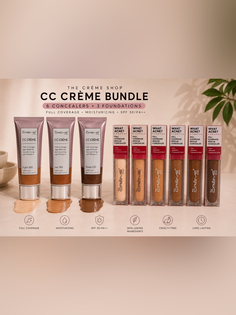 The Crème Shop CC Crème Foundation & What Acne? Concealer Bundle 9 Piece